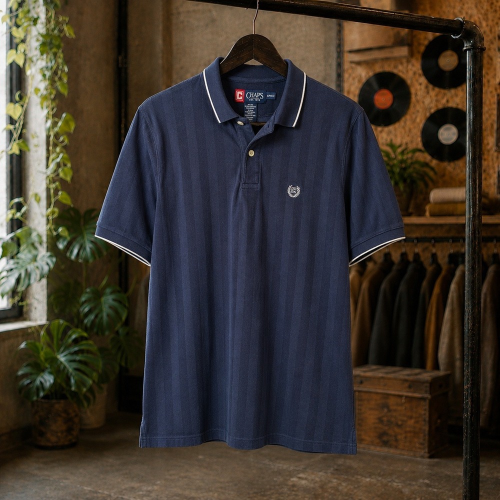 Chaps Striped Polo Shirt Navy Blue Casual Golf Tee Small